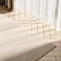 Square Beige Rug on Herringbone Wooden Floor with White Sheer Curtains and Sunlight