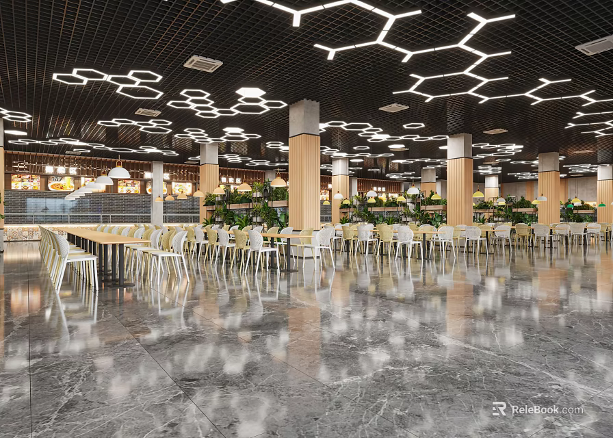 Modern Public Dining Area With Hexagonal Lights Marble Floor And Chairs 3d model
