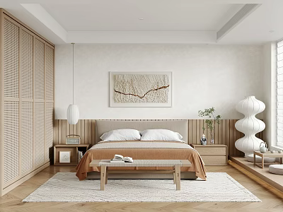 Minimalist Bedroom Interior With Wooden Wardrobe Brown Bedspread And Decorative Painting 3d model