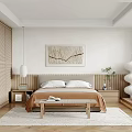 Minimalist Bedroom Interior With Wooden Wardrobe Brown Bedspread And Decorative Painting