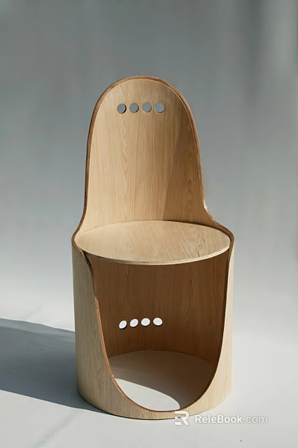 Wooden Single Chair With Curved Backrest Round Seat And Decorative Hole Details 3d model 