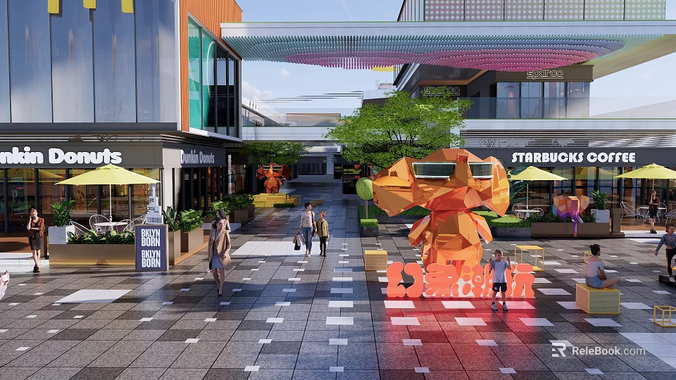 Modern Commercial Landscape With Pedestrian Walkway Starbucks McDonald's Green Plants And Sculpture 3d model 