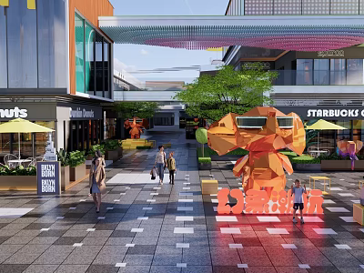 Modern Commercial Landscape With Pedestrian Walkway Starbucks McDonald's Green Plants And Sculpture 3d model
