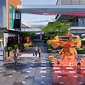 Modern Commercial Landscape With Pedestrian Walkway Starbucks McDonald's Green Plants And Sculpture