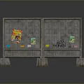 Textured Gray Panel Display Stand With Multiple Sections Colorful Posters And Supporting Pillars