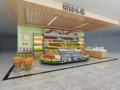 Modern Fruit Store Interior With Fresh Fruits On Shelves Round Display And Beverages 3d model