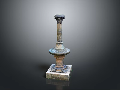 Landscape View of Ancient Bronze Column With Square Base Carvings and Gray Black Gradient Background 3d model