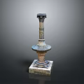 Landscape View of Ancient Bronze Column With Square Base Carvings and Gray Black Gradient Background