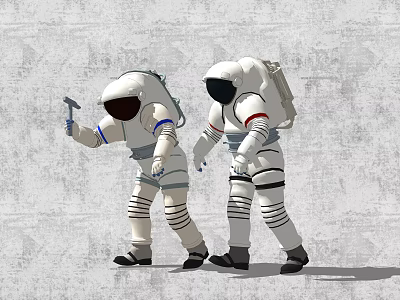 Two Men In White Spacesuits Standing With Tool On Gray Textured Background 3d model