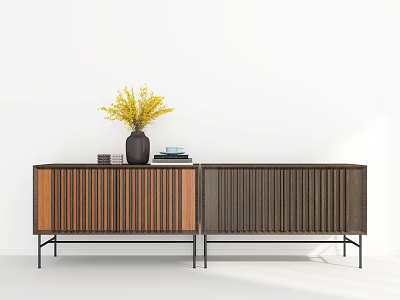 Elegant Modern Console And Side Cabinet With Vertical Slat Doors Yellow Flowers Vase Metal Legs 3d model