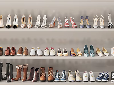Shoes Displayed on Multi tiered Shelf with Various Styles and Colors 3d model Shoes Displayed on Multi tiered Shelf with Various Styles and Colors 3d model