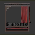 Chinese Style Wooden Frame Double Bed With Red Curtains And Carved Details