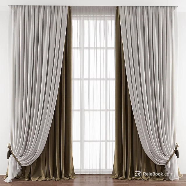Elegant White and Brown Double Layer Curtains with Pleated Design and Tassel Tiebacks 3d model 