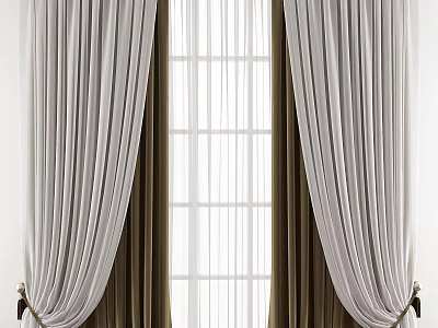 Elegant White and Brown Double Layer Curtains with Pleated Design and Tassel Tiebacks 3d model