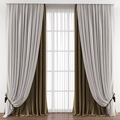 Elegant White and Brown Double Layer Curtains with Pleated Design and Tassel Tiebacks 3d model