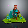 Anthropomorphic Badger In Blue Outfit Holding Purple Bottle On Green Grass With Pink Glowing Orbs