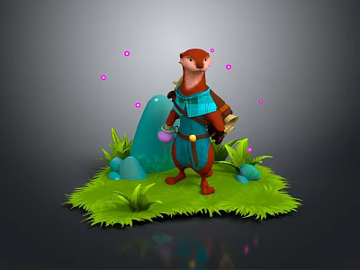 Anthropomorphic Badger In Blue Outfit Holding Purple Bottle On Green Grass With Pink Glowing Orbs 3d model