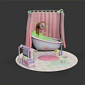 Cartoon Style Bathroom Scene Model With Pink Shower Curtain Bathtub Small Shelf And Colorful Bath Mats