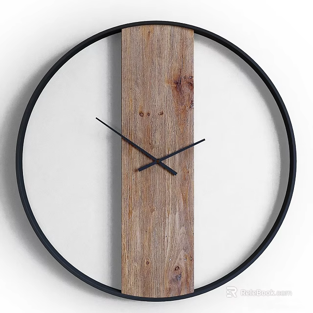 Modern Wall Clock With Black Frame Wooden Strip And White Background 3d model 