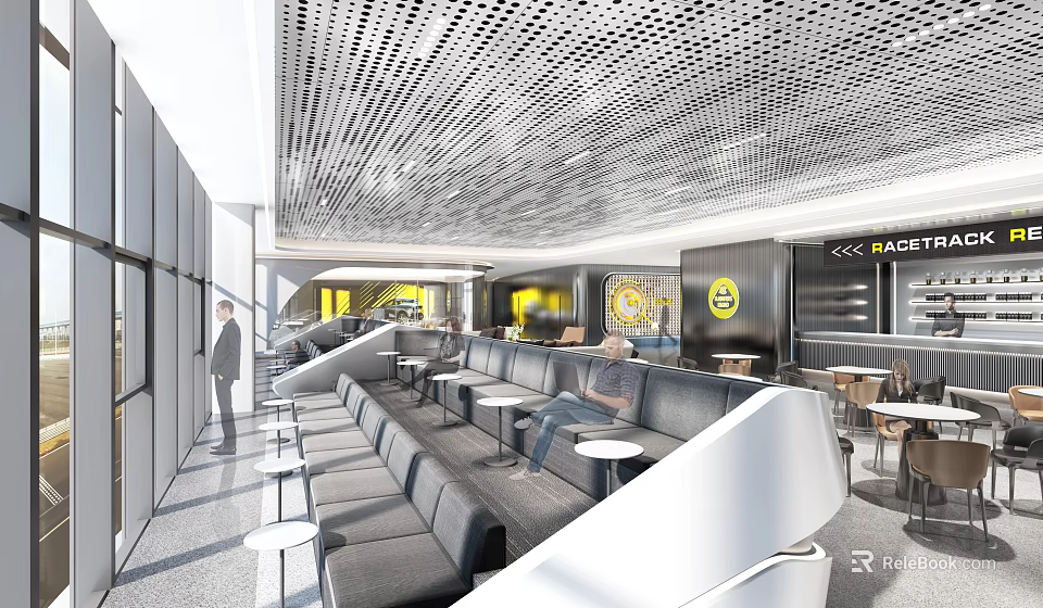 Modern Exhibition Hall Interior With Perforated Ceiling Seating Area Large Windows And Brand Logos 3d model 