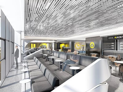 Modern Exhibition Hall Interior With Perforated Ceiling Seating Area Large Windows And Brand Logos 3d model
