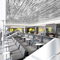Modern Exhibition Hall Interior With Perforated Ceiling Seating Area Large Windows And Brand Logos