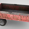Red Weathered Trailer With Rusty Metal Bed And Two Black Wheels 3d model