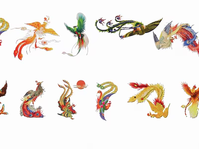 Traditional Chinese Dragon Phoenix Themed Hanging Decorations With Colorful Mythical Creature Designs 3d model
