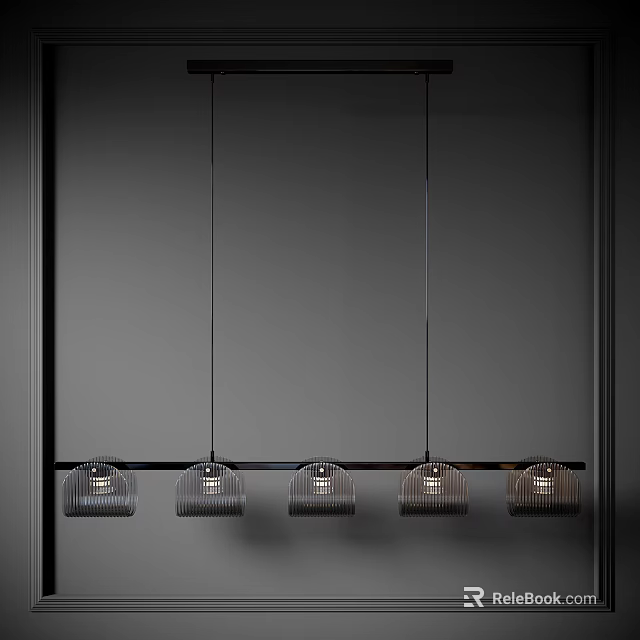 Five Black Metal Frame Pendant Lights With Transparent Shades Hanging On Dark Background 3d model 
