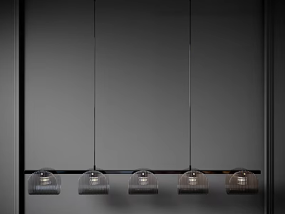 Five Black Metal Frame Pendant Lights With Transparent Shades Hanging On Dark Background 3d model