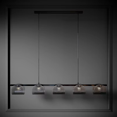 Five Black Metal Frame Pendant Lights With Transparent Shades Hanging On Dark Background 3d model