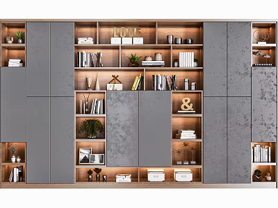 Modern Wooden Decorative Cabinet With Shelves Books Decorations And Green Plants 3d model
