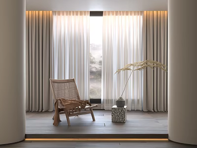 Rattan Single Chair In Cozy Interior With Large Window Curtains And Potted Plant 3d model