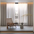 Rattan Single Chair In Cozy Interior With Large Window Curtains And Potted Plant