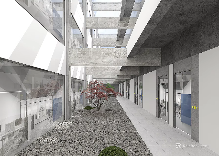 Modern Public Office Space With Open Corridor Glass Walls Gravel Flooring And Small Green Plants 3d model 
