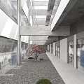 Modern Public Office Space With Open Corridor Glass Walls Gravel Flooring And Small Green Plants
