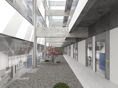Modern Public Office Space With Open Corridor Glass Walls Gravel Flooring And Small Green Plants 3d model