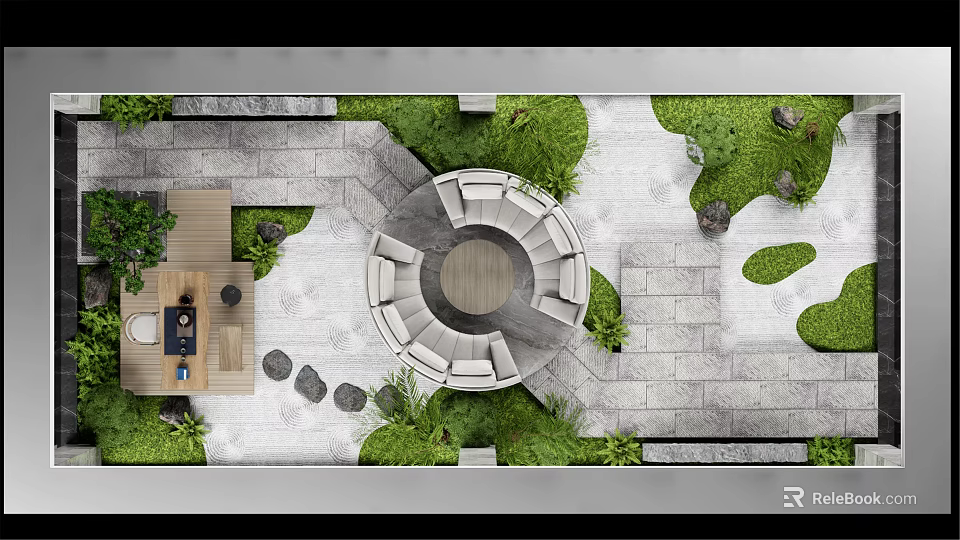 Karesansui Japanese Dry Landscape With Circular Seating Stone Pathway And Raked Sand 3d model 