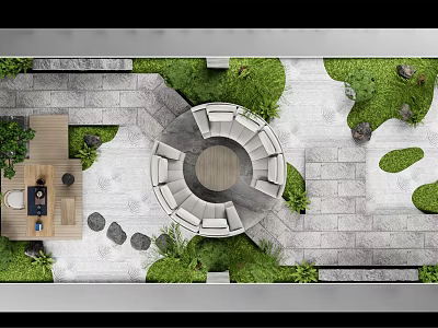 Karesansui Japanese Dry Landscape With Circular Seating Stone Pathway And Raked Sand 3d model