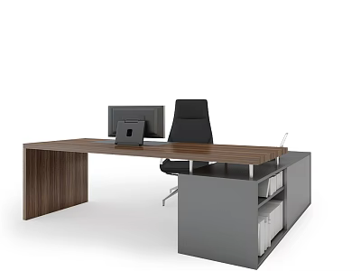 Wooden Top Office Desk With Computer Monitor Black Office Chair And Gray Storage Cabinet 3d model