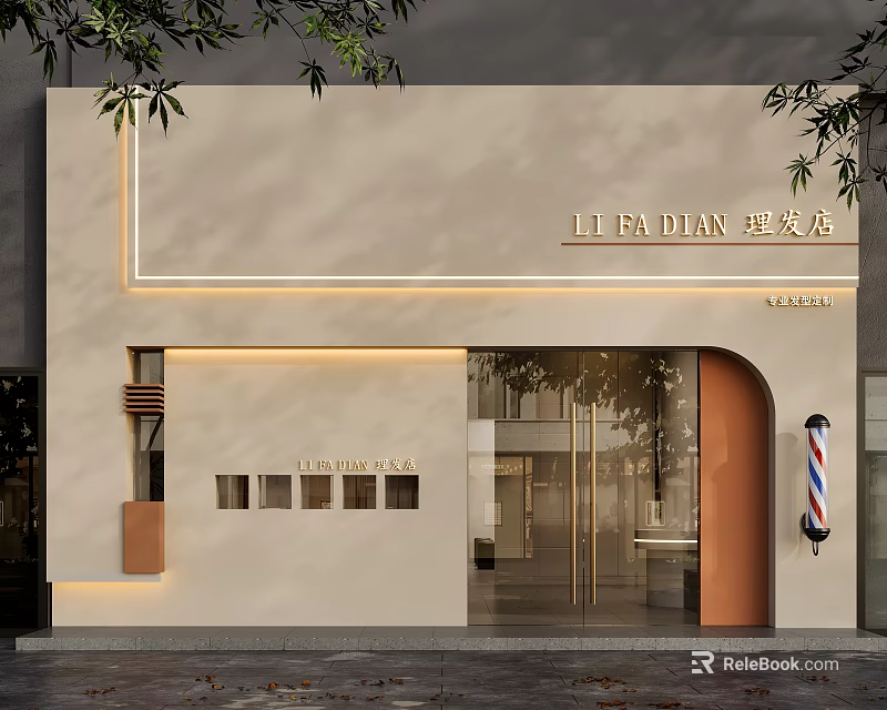 Modern Minimalist Hair Salon Exterior Design With Cream Wall And Warm Ambient Lighting 3d model 