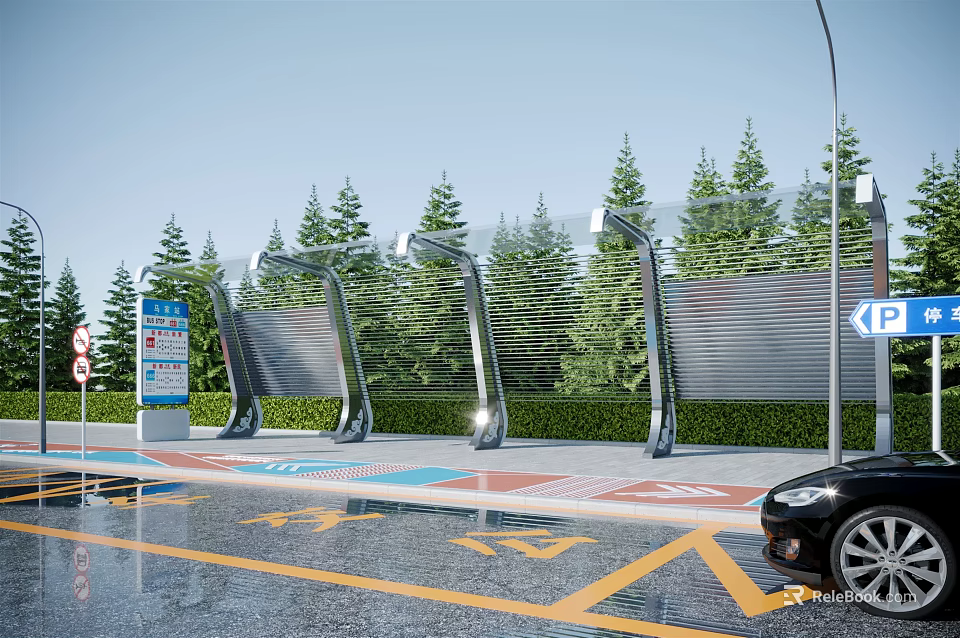 Modern Bus Station With Metal Canopy Green Trees Parking Area Yellow Markings Near Black Car 3d model 