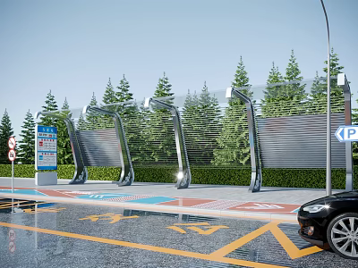 Modern Bus Station With Metal Canopy Green Trees Parking Area Yellow Markings Near Black Car 3d model