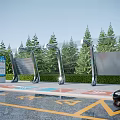 Modern Bus Station With Metal Canopy Green Trees Parking Area Yellow Markings Near Black Car
