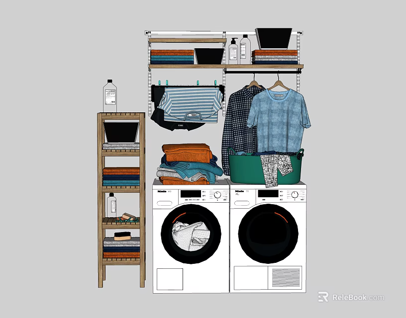 Modern Laundry Area With Two Washing Machines Dryer Storage Shelves And Clothes Basket 3d model 