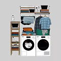 Modern Laundry Area With Two Washing Machines Dryer Storage Shelves And Clothes Basket