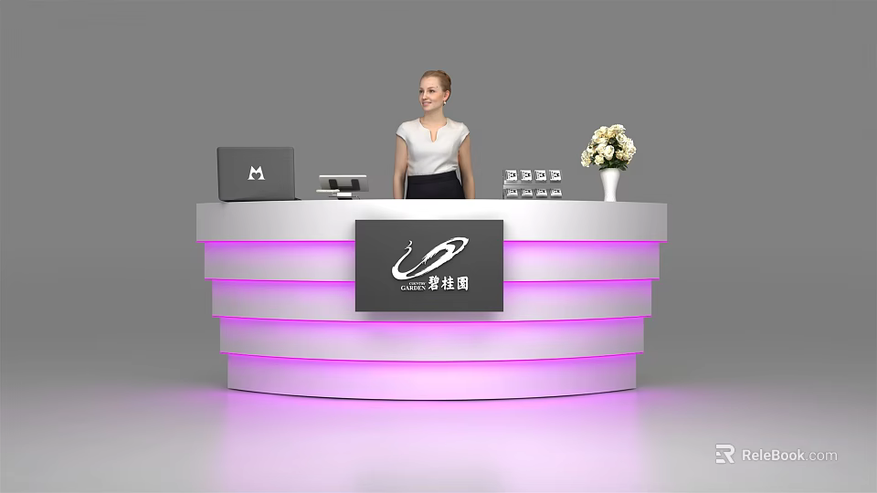 Modern Curved Reception Desk With Purple Lighting Laptop White Flower Bouquet And Receptionist 3d model 