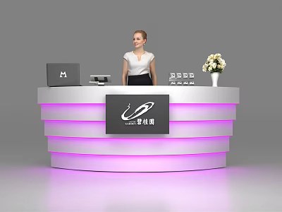 Modern Curved Reception Desk With Purple Lighting Laptop White Flower Bouquet And Receptionist 3d model
