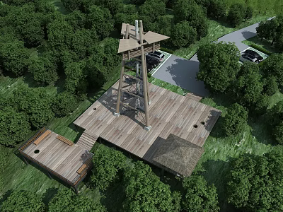 Wooden Observation Tower Surrounded by Lush Forest With Wooden Deck and Parking Area 3d model