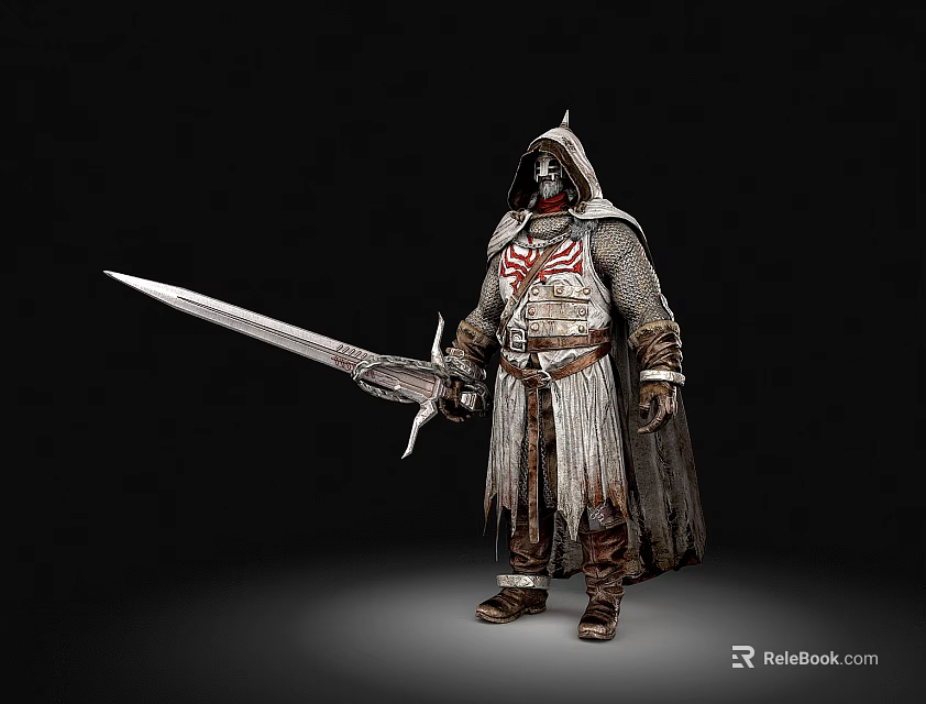 Man In Detailed Warrior Armor With Long Sword And Tattered Cloak Standing Pose 3d model 